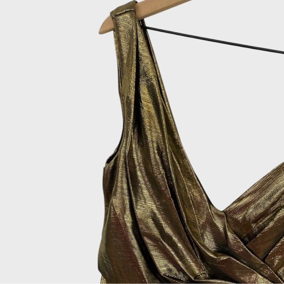 Ieena for Mac Duggal NWT Liquid Gold Asymmetrical Draped Metallic Trumpet Gown - Picture 5 of 11